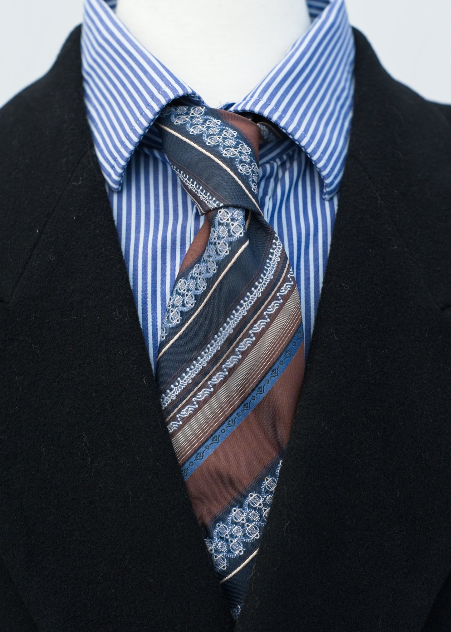 vintage 1970s tootal neck tie, polyester brown and blue diagonal striped patterm