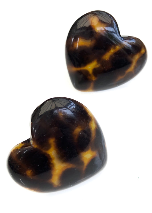 Vintage 80s Huge Faux Tortie Hearts Statement Earrings