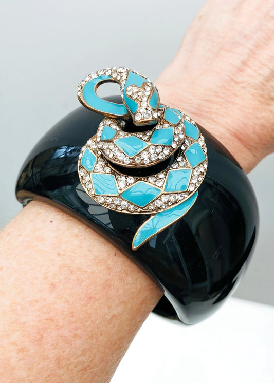 Retro Snake Clamper Bangle Bracelet • Turquoise Coiled Serpent