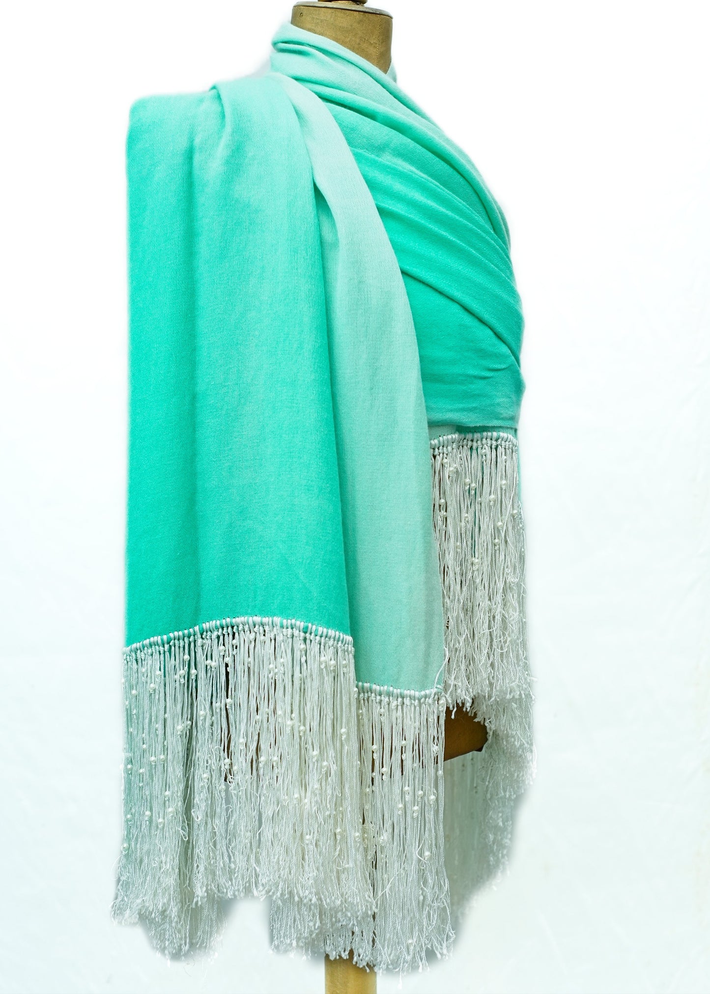 Very Long Turquoise Ombre Pashmina Shawl Scarf • Faux Pearls • Knotted Fringe