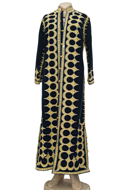 wobderful blue velvet and gold metallic embroidered traditional indian wedding coat, kaftan robe