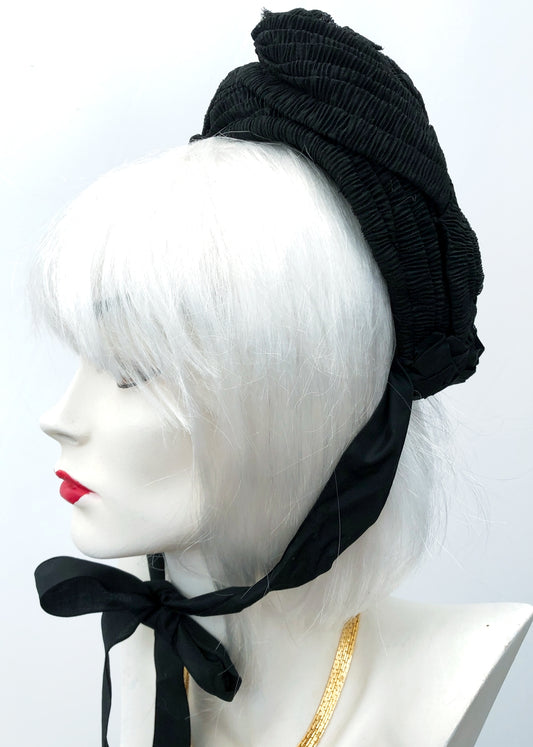 Antique Victorian Mourning Bonnet Hat • Silk Crepe