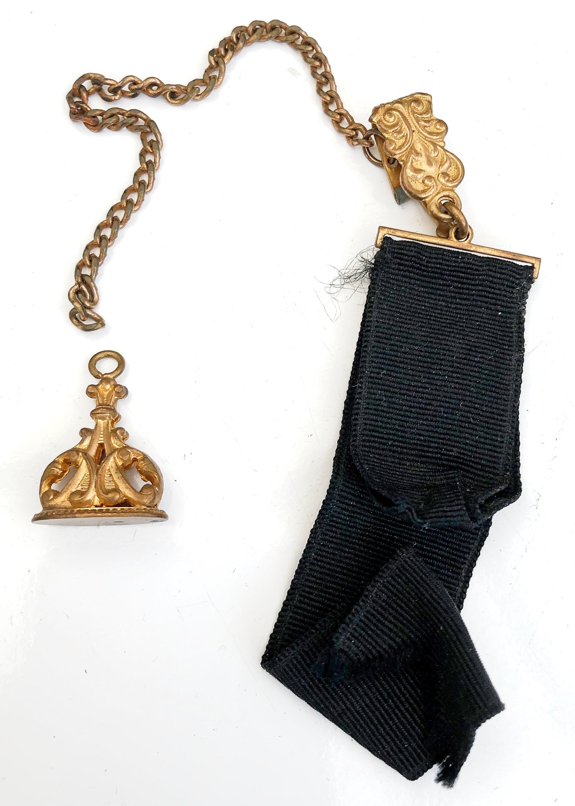 Antique Gold Brown Ribbon Brooch - Victorian Mourning Watch Fob 97472b.jpg main image 3