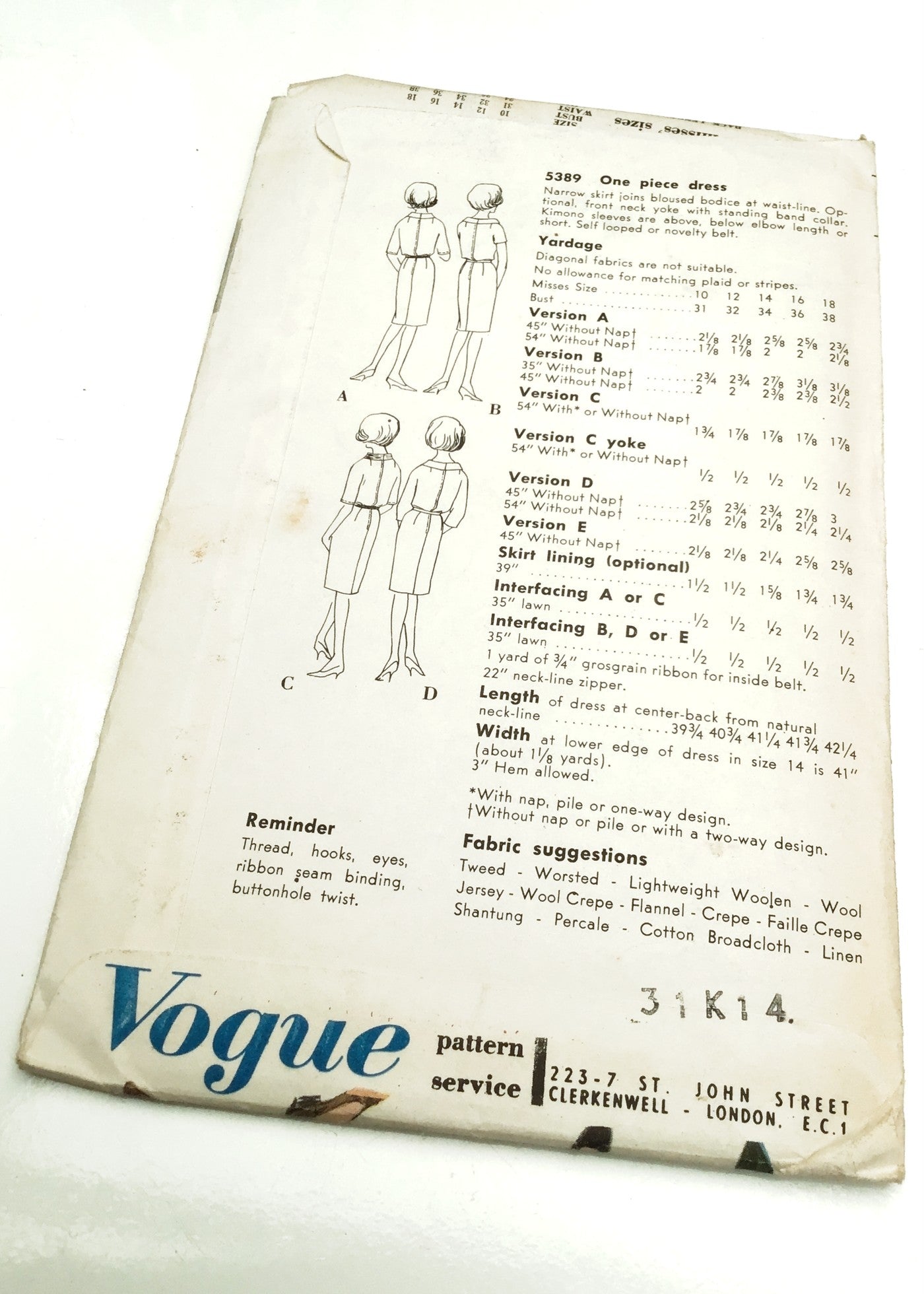 1960s Vintage Vogue #5389 Dressmaking Pattern • One Piece Dress 32"