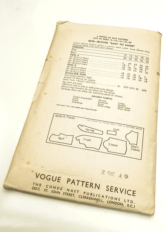 1950s Vintage Vogue #8238 Dressmaking Pattern • Shawl Collar Blouse 34"