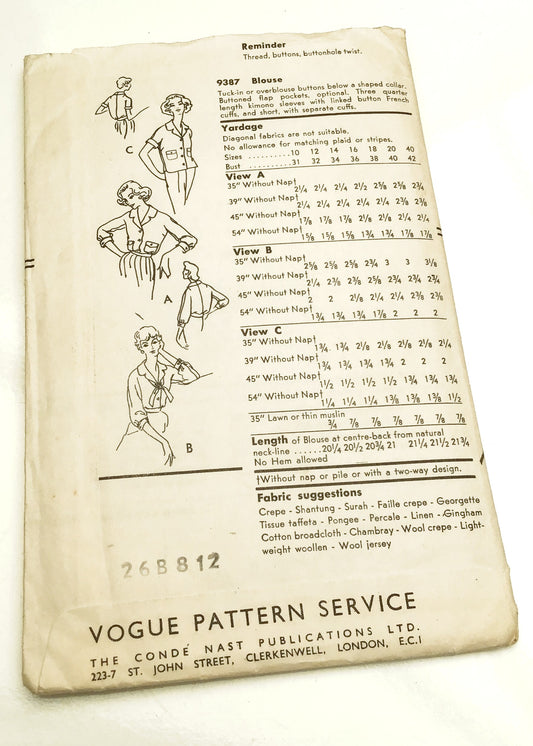 1950s Vintage Vogue #9387 Dressmaking Pattern • Blouse 32"