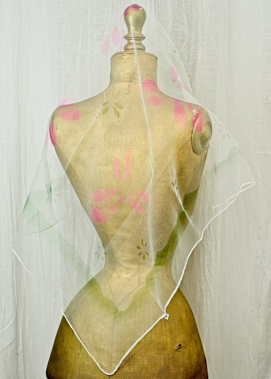 Vintage White Nylon Georgette Chiffon Pink Green Pattern Head Scarf