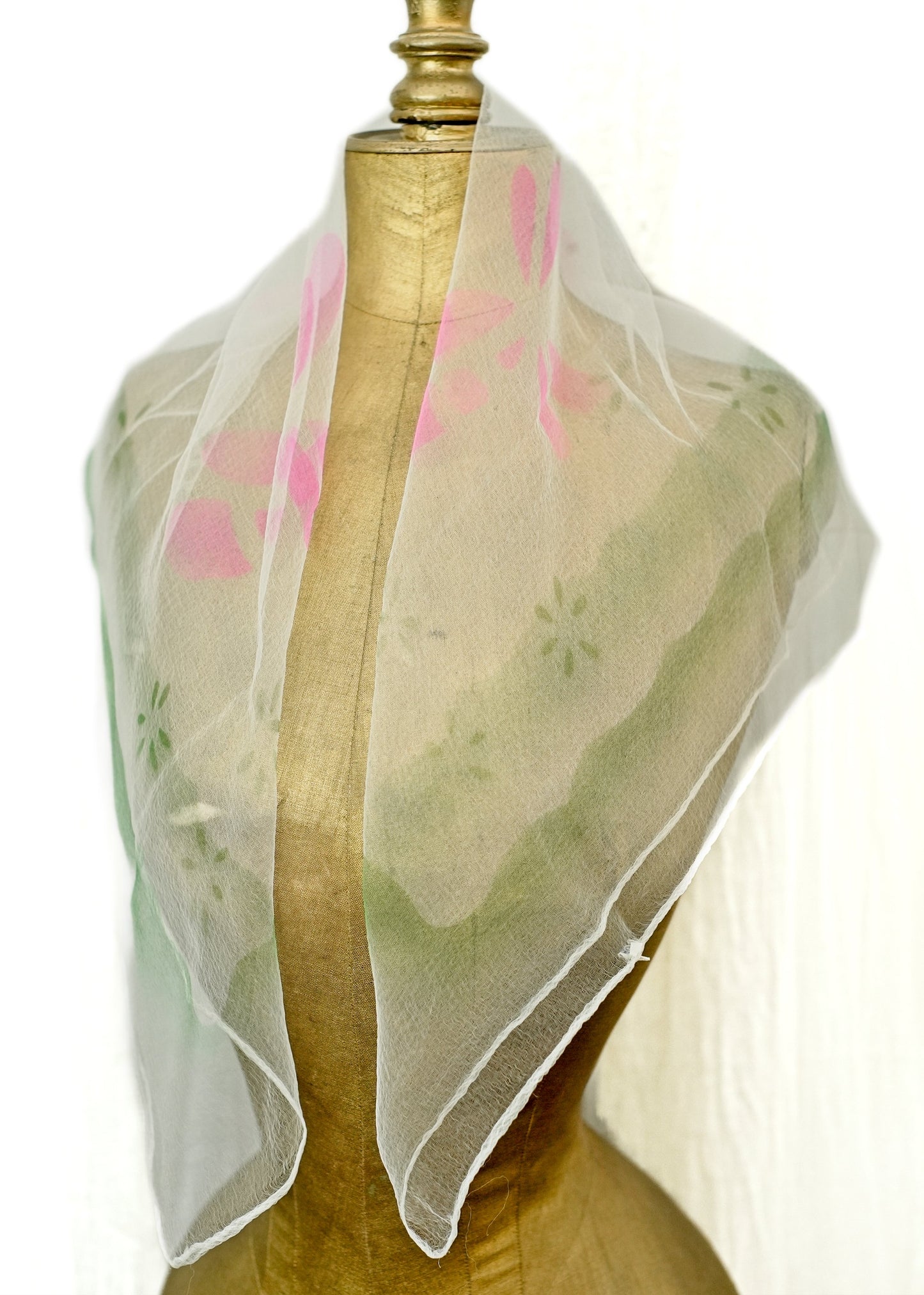 Vintage White Nylon Georgette Chiffon Pink Green Pattern Head Scarf