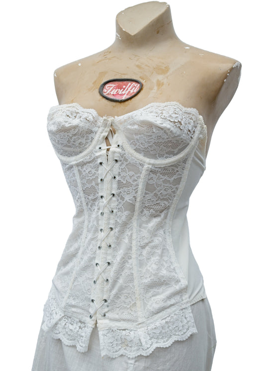 vintage white lace bridal corset bustier, corselette with laced front to fit 34 bust