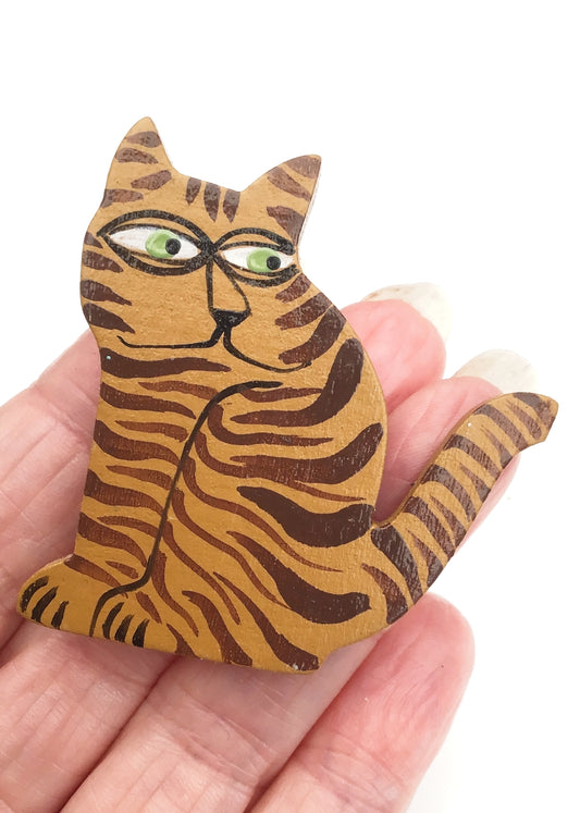 Wooden Hand Painted Ginger Cat Brooch