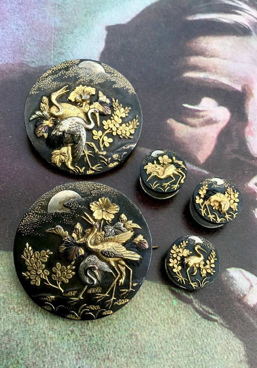 antique japanese shakudo mixed metals wedding set of brooch buttons and studs, featuring cranes for good luck and longevity