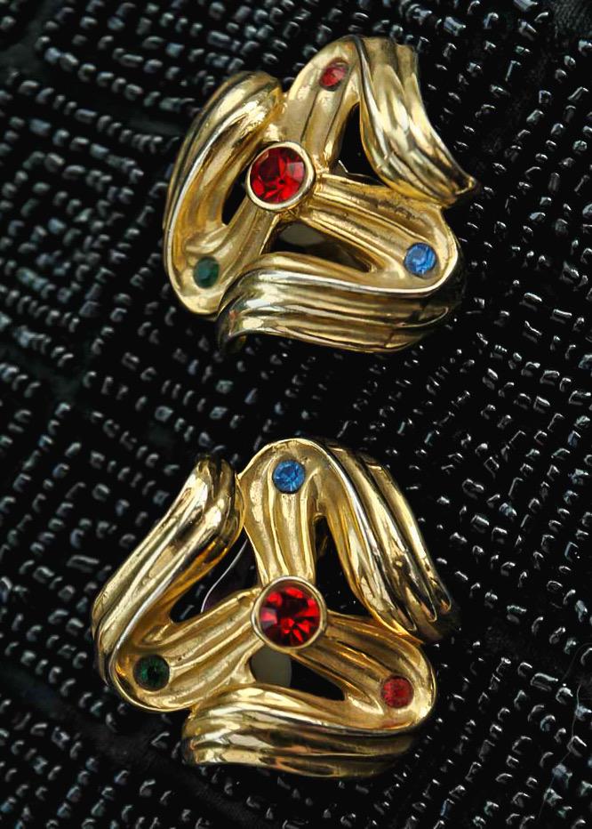 Goldtone swirly chunky statement earrings, very 1980s with coloured rhinestones