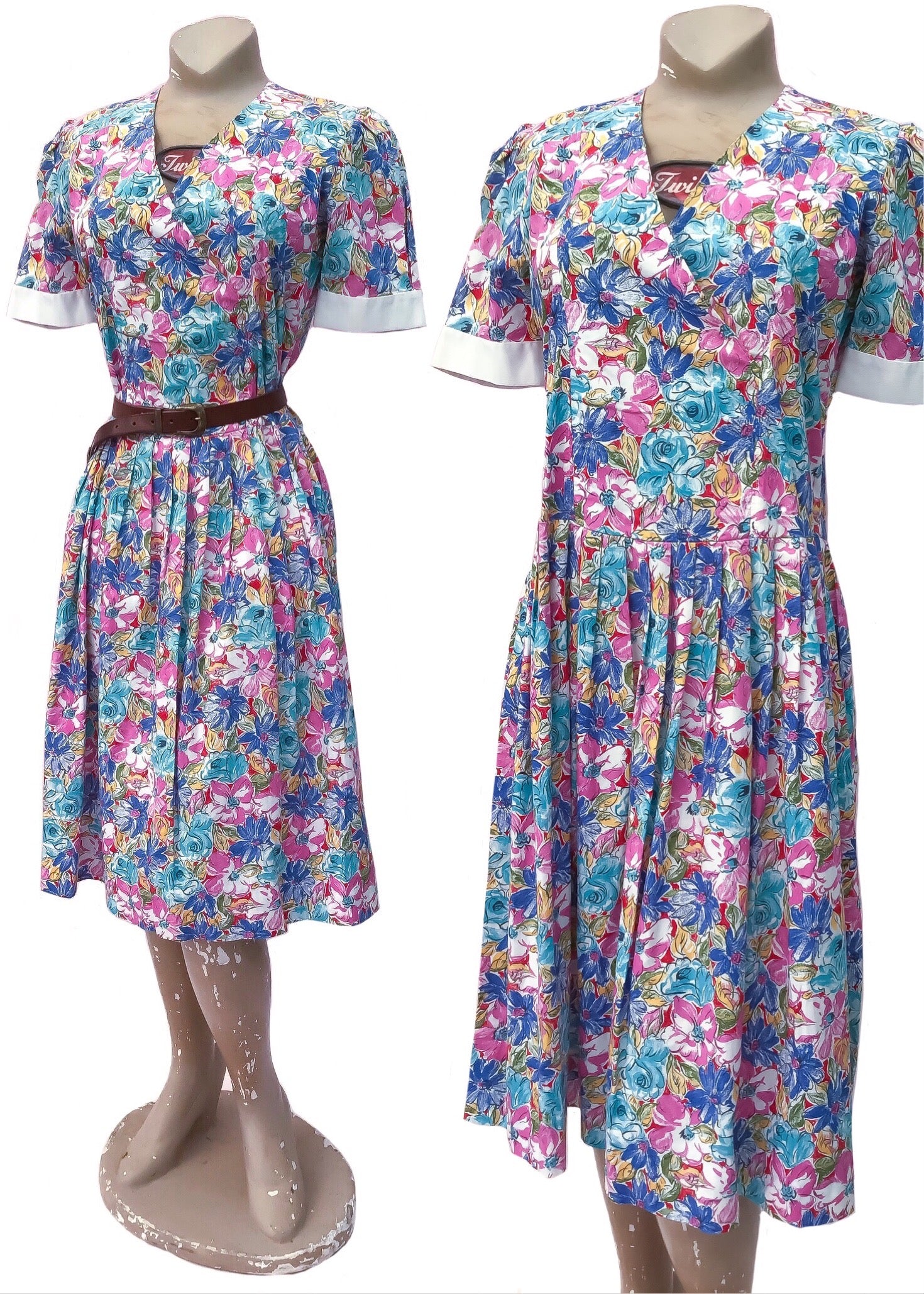 1980s Vintage Handmade Floral Cotton Short Sleeve Summer Dress 1980s Vintage Handmade Floral Cotton Short Sleeve Summer Dress