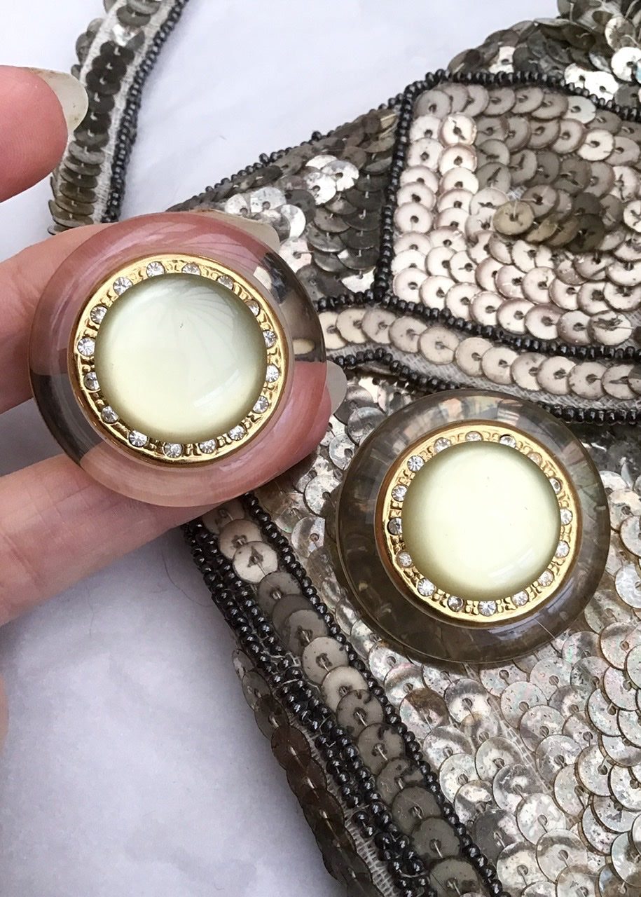 1980s Vintage Round Lucite Green Moonglow Clip On Earrings with Crystals
