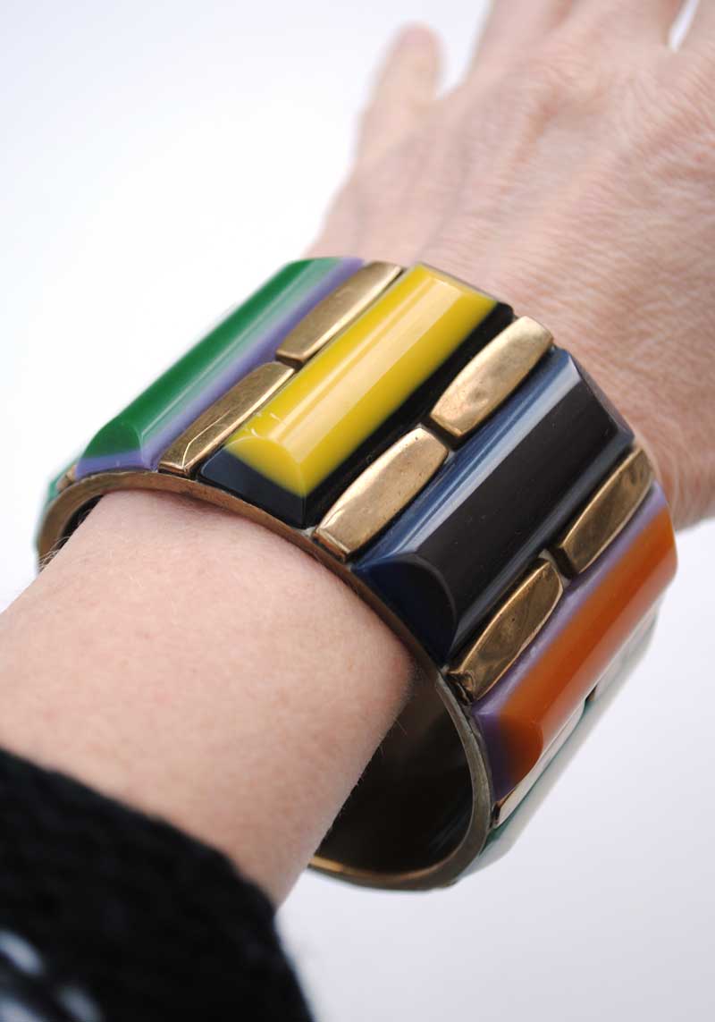 Large Chunky Brass with Multicoloured Resin Laminate Bangle