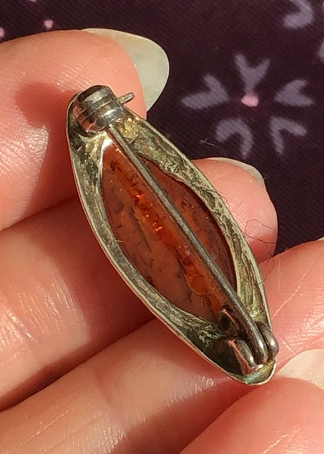 Vintage 925 Silver and Amber Almond Shaped Brooch