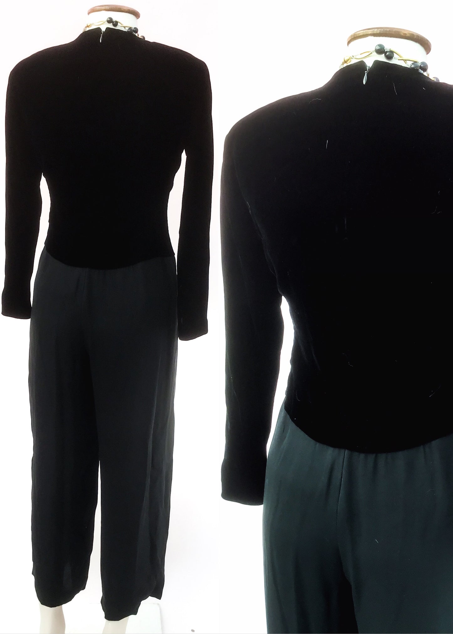 1990s Vintage Anne Klein• Black Velvet & Georgette Jump Suit • UK size 8 • Disco