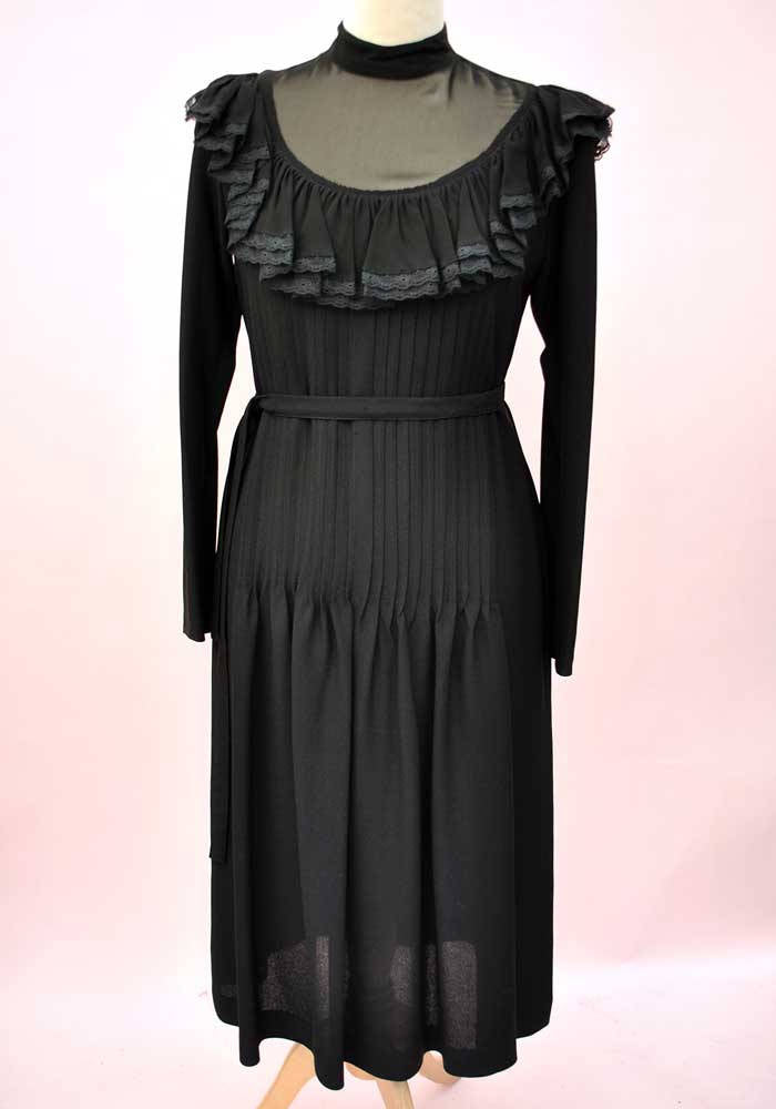 1970s Vintage Black Chiffon Pleated Cocktail Dress • Illusion Bodice