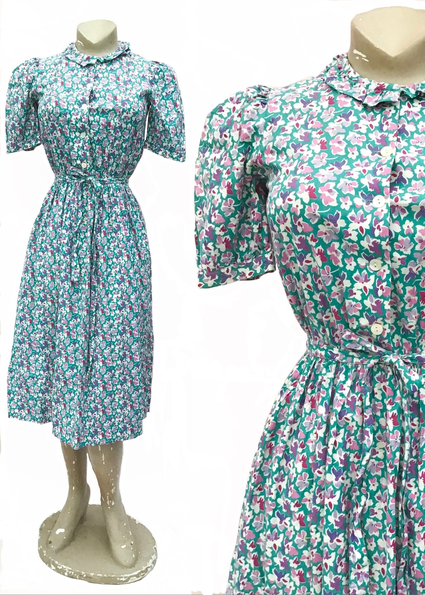 Vintage Lilac Turquoise Floral Cotton Summer Tea Dress