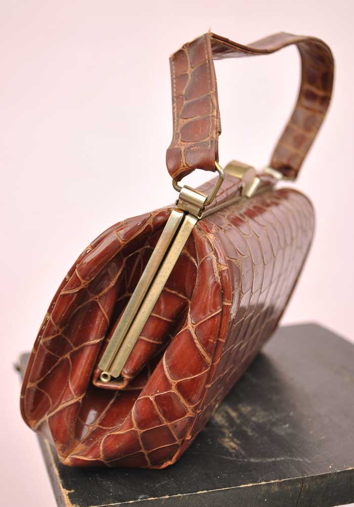 Vintage 30s Deco Crocodile Handbag • Small Barrel Shape • Brass Clasp