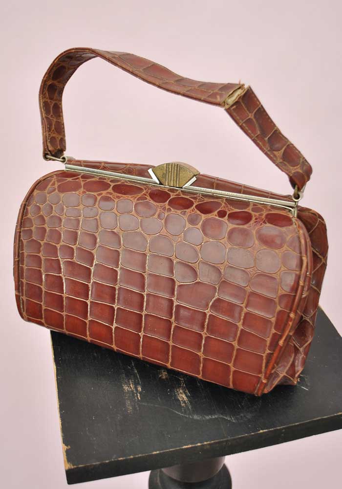 Vintage 30s Deco Crocodile Handbag • Small Barrel Shape • Brass Clasp