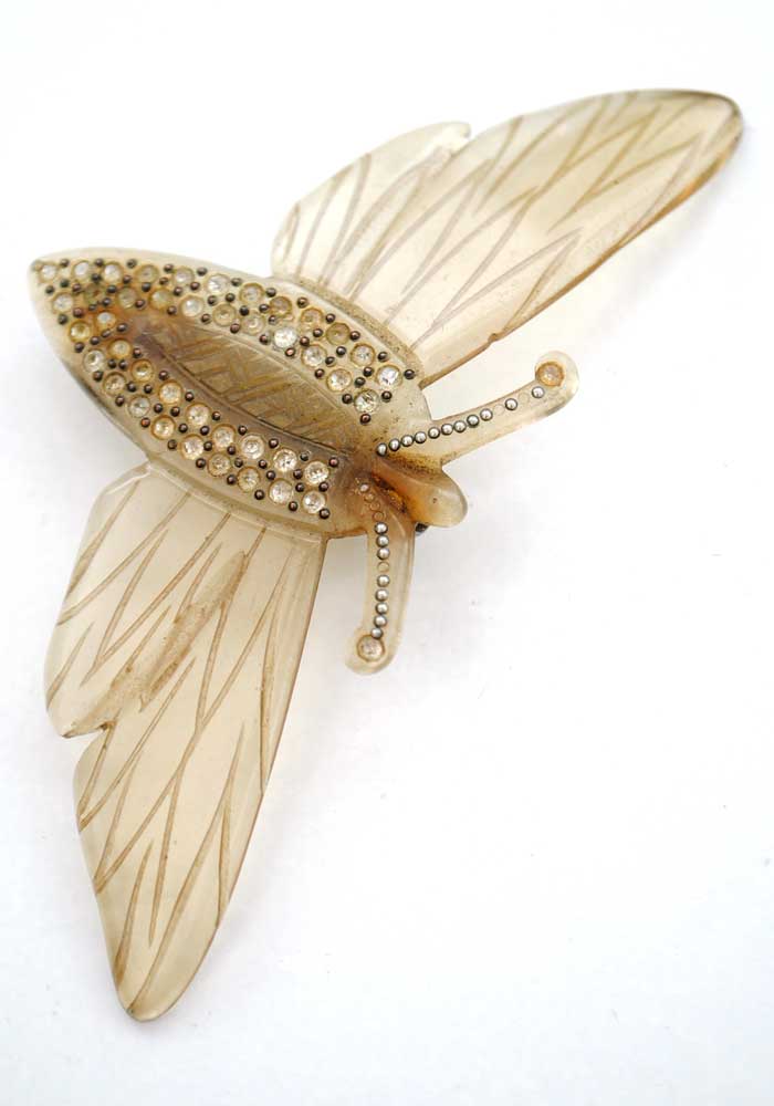 antique carved horn bug brooch with rhinestones