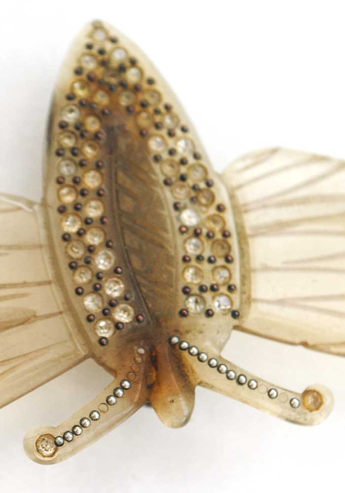 1900s French Nouveau Carved Horn Moth Cicada Brooch with Rhinestones