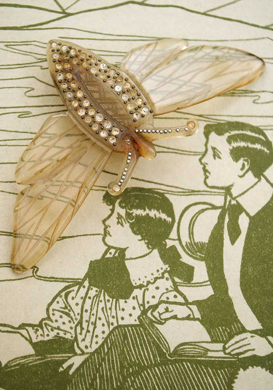 rare vintage French art nouveau carved horn insect brooch, moth or cicada with outspread wings.