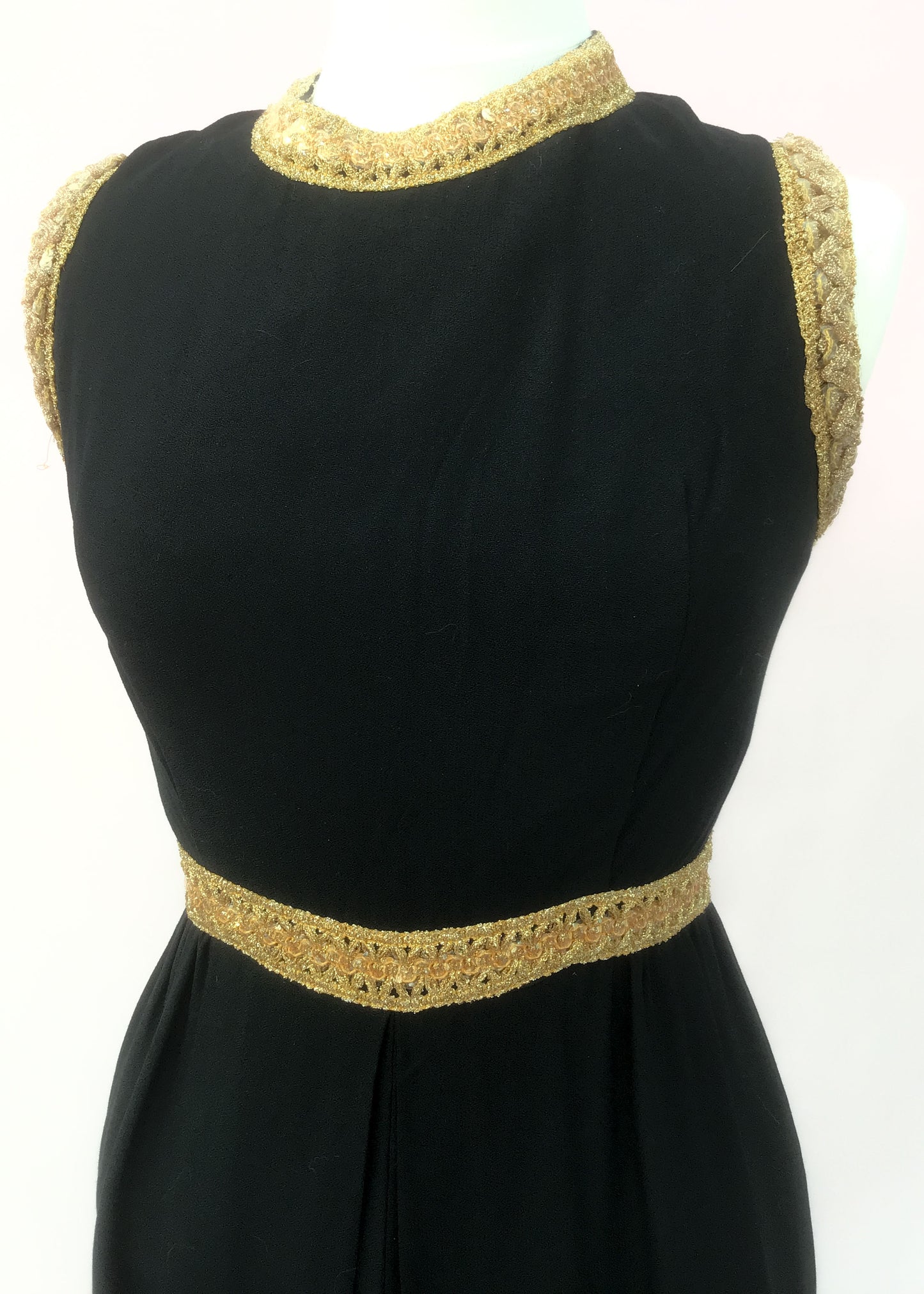 1960s Vintage Black & Gold Sleeveless Crepe Culottes Jump Suit • UK size 10 • Disco
