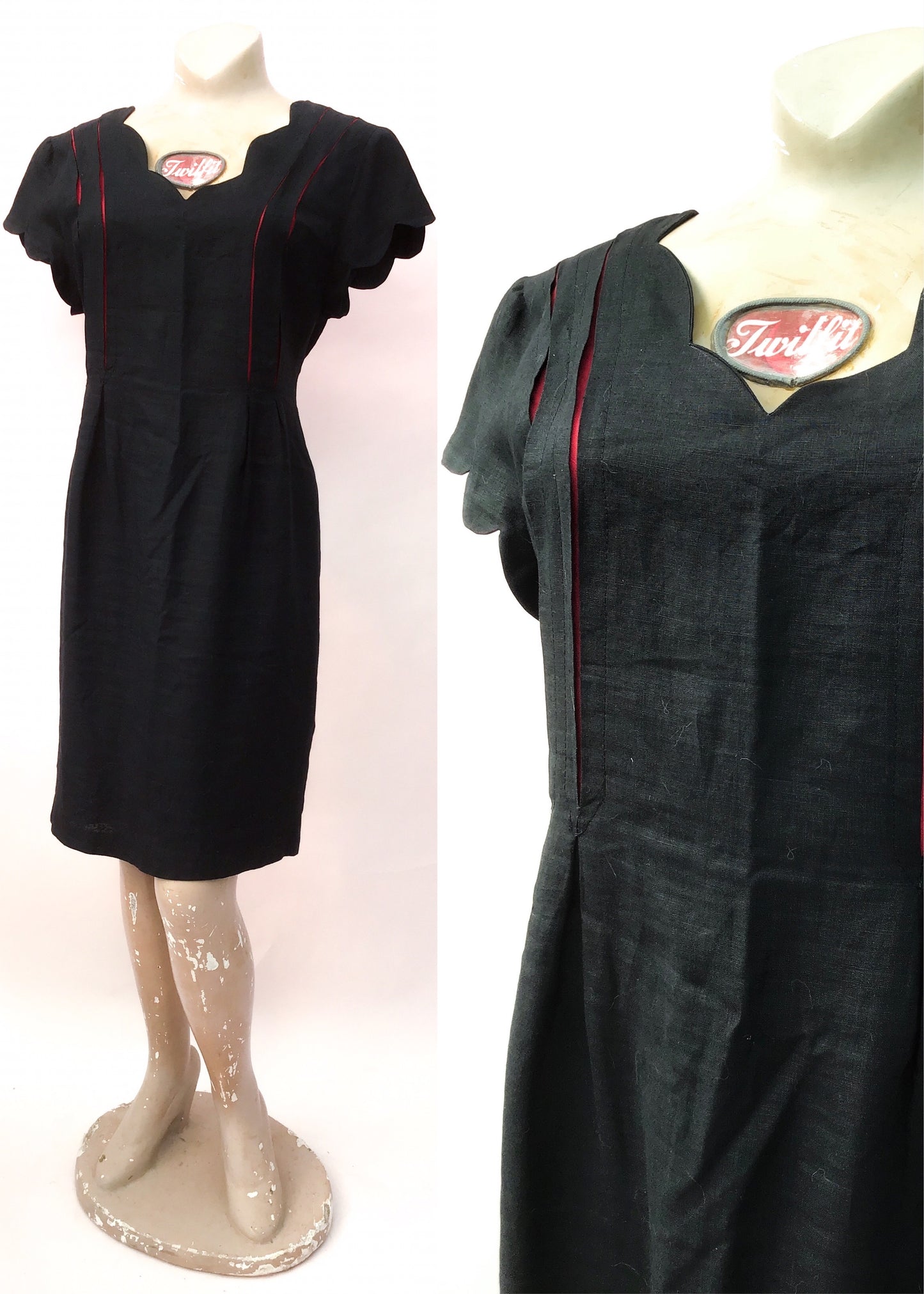 1980s Black & Red Linen Vogue Wiggle Shift Dress