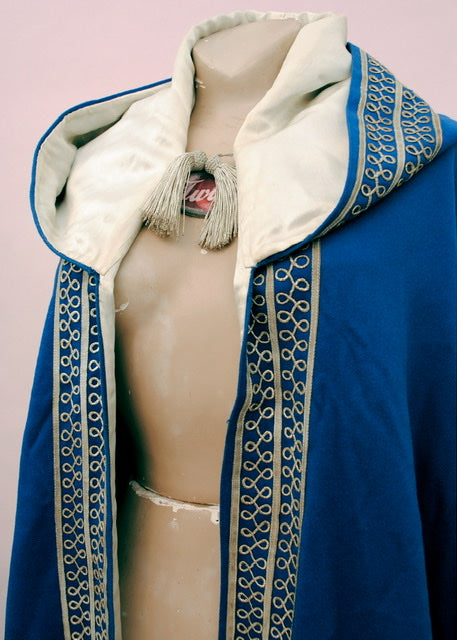 1960s Vintage Blue Cashmere Hooded Cloak | Metallic Embroidery