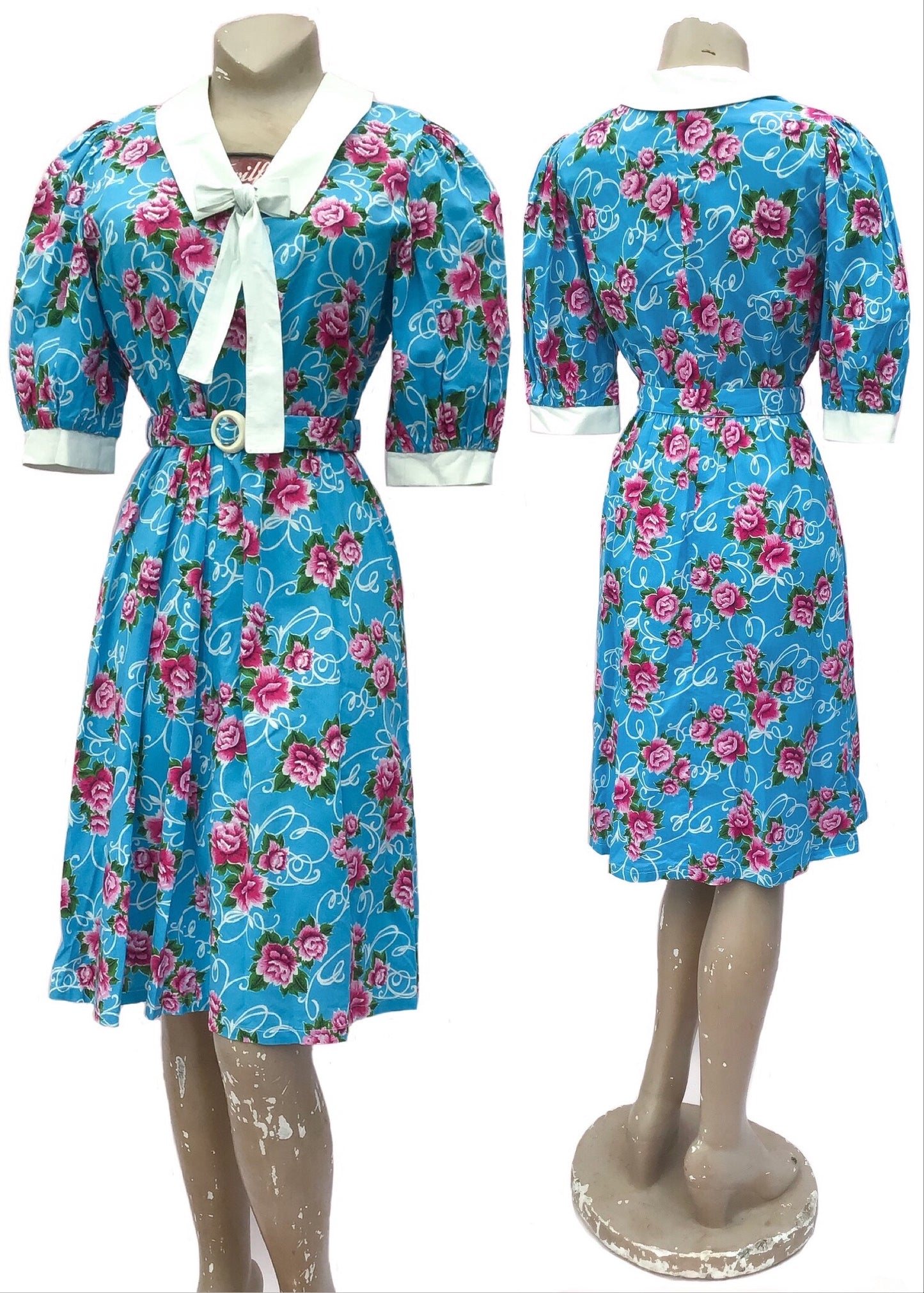 Vintage 80s summer cotton dress, turquoise with pink carnations print. White collar and cuffs with white bow tie
