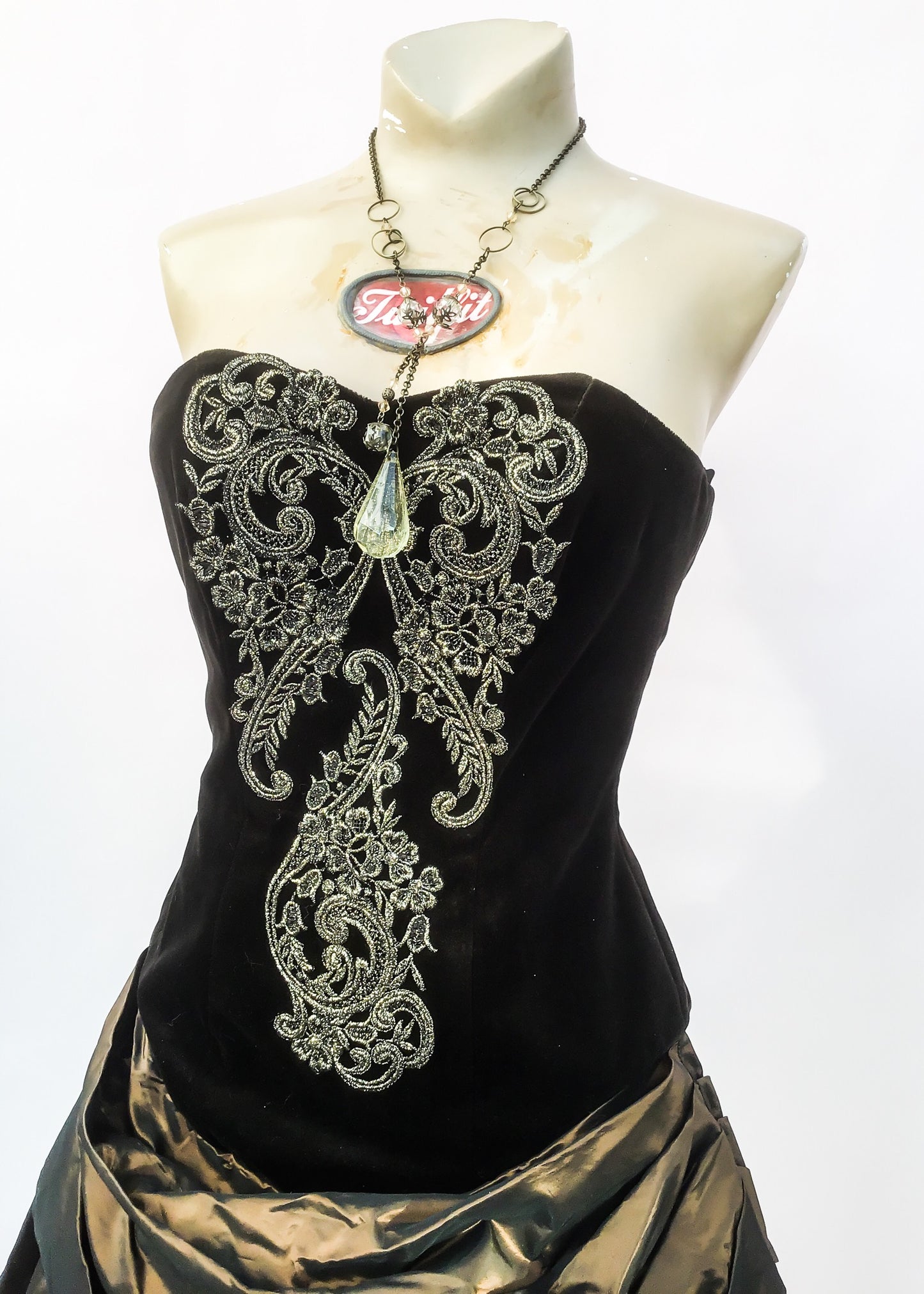 1990s Vintage Bronze Taffeta & Gold Steampunk Strapless Cocktail Dress