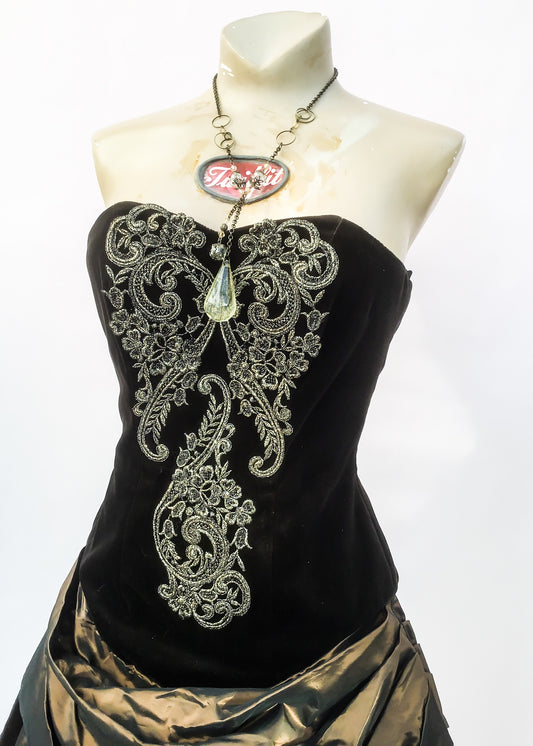 1990s Vintage Bronze Taffeta & Gold Steampunk Strapless Cocktail Dress