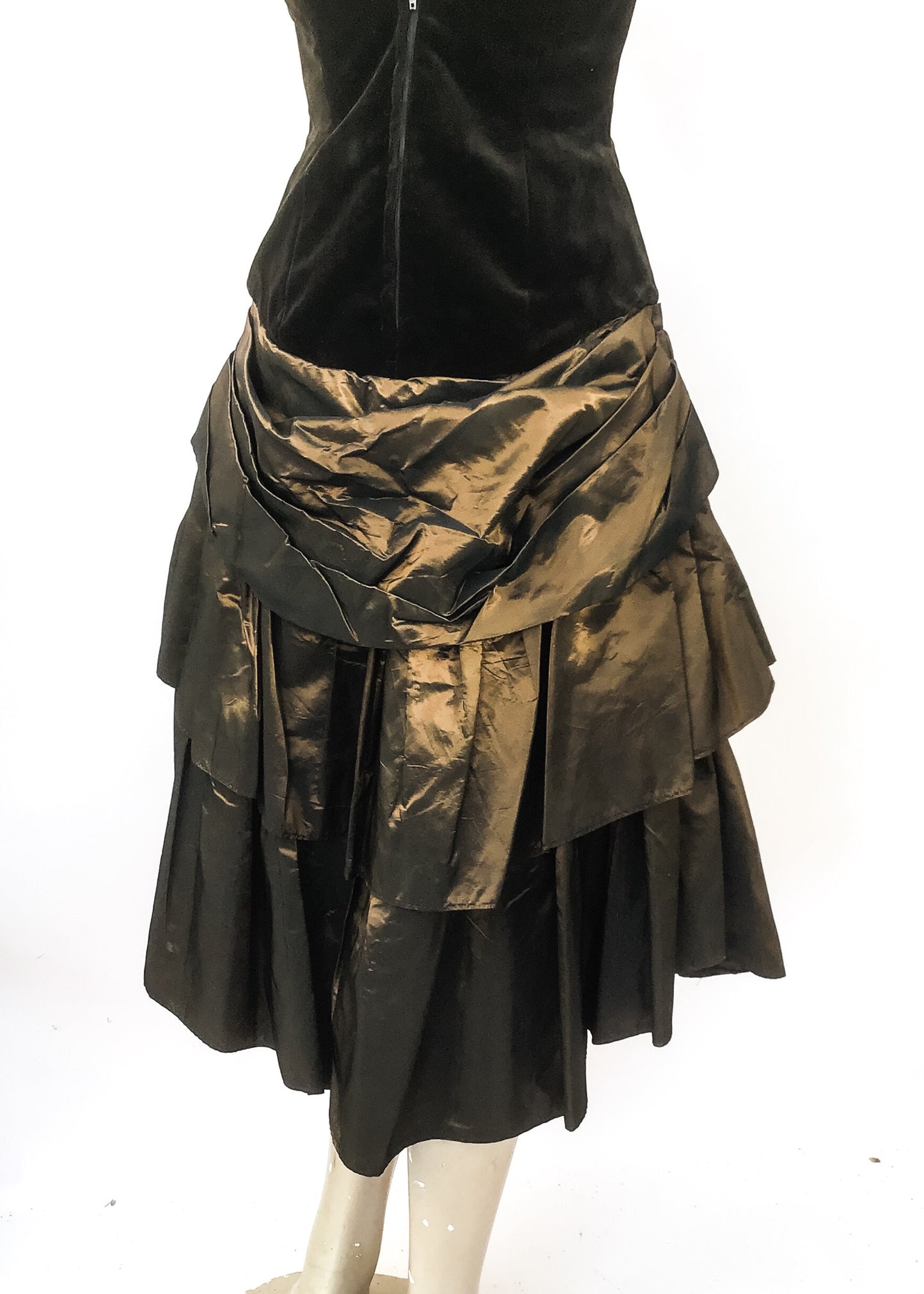 1990s Vintage Bronze Taffeta & Gold Steampunk Strapless Cocktail Dress