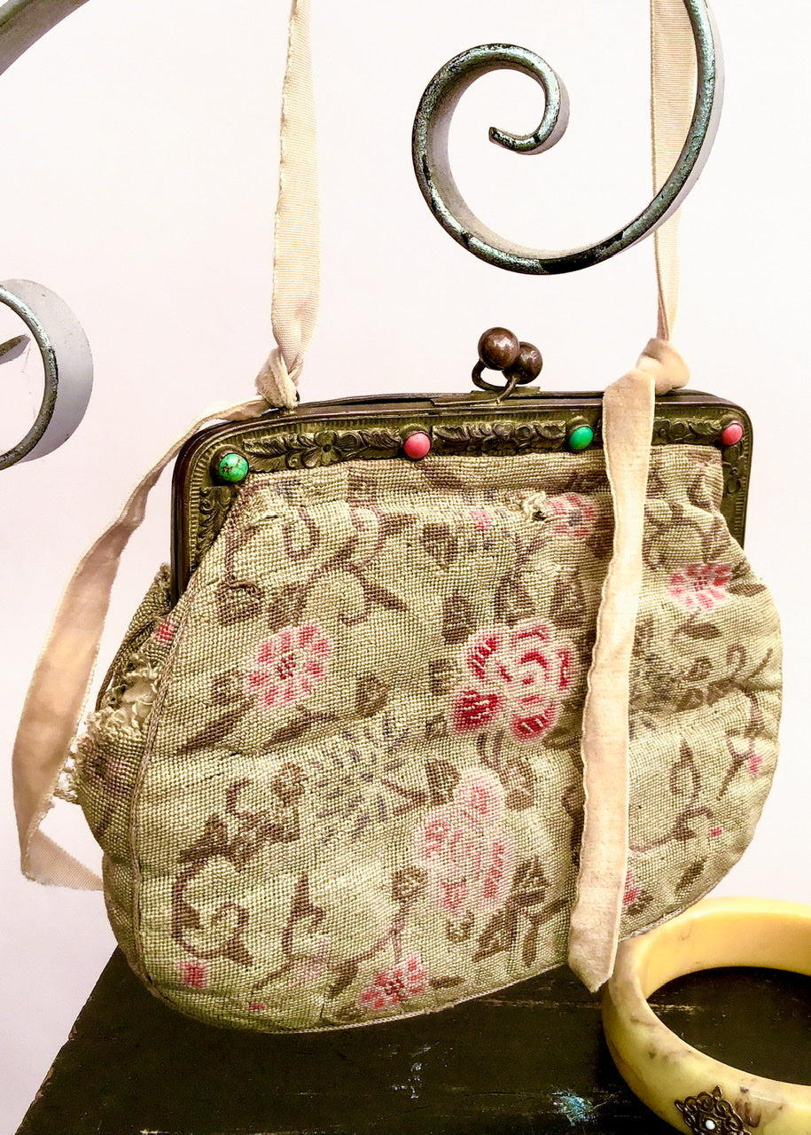 antique shabby chic petit point embroidered purse with turquoise and coral stone decorative frame