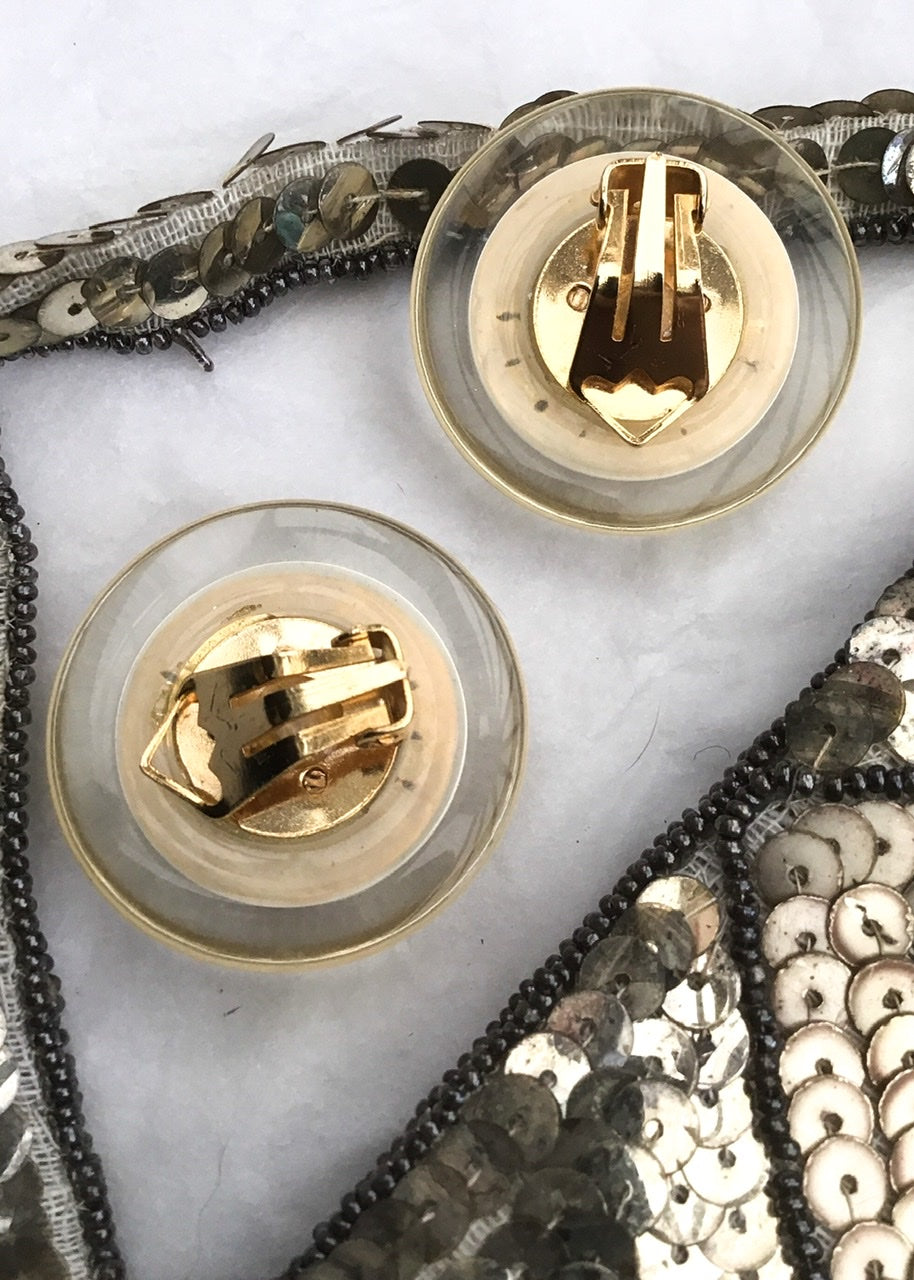 1980s Vintage Round Lucite Green Moonglow Clip On Earrings with Crystals