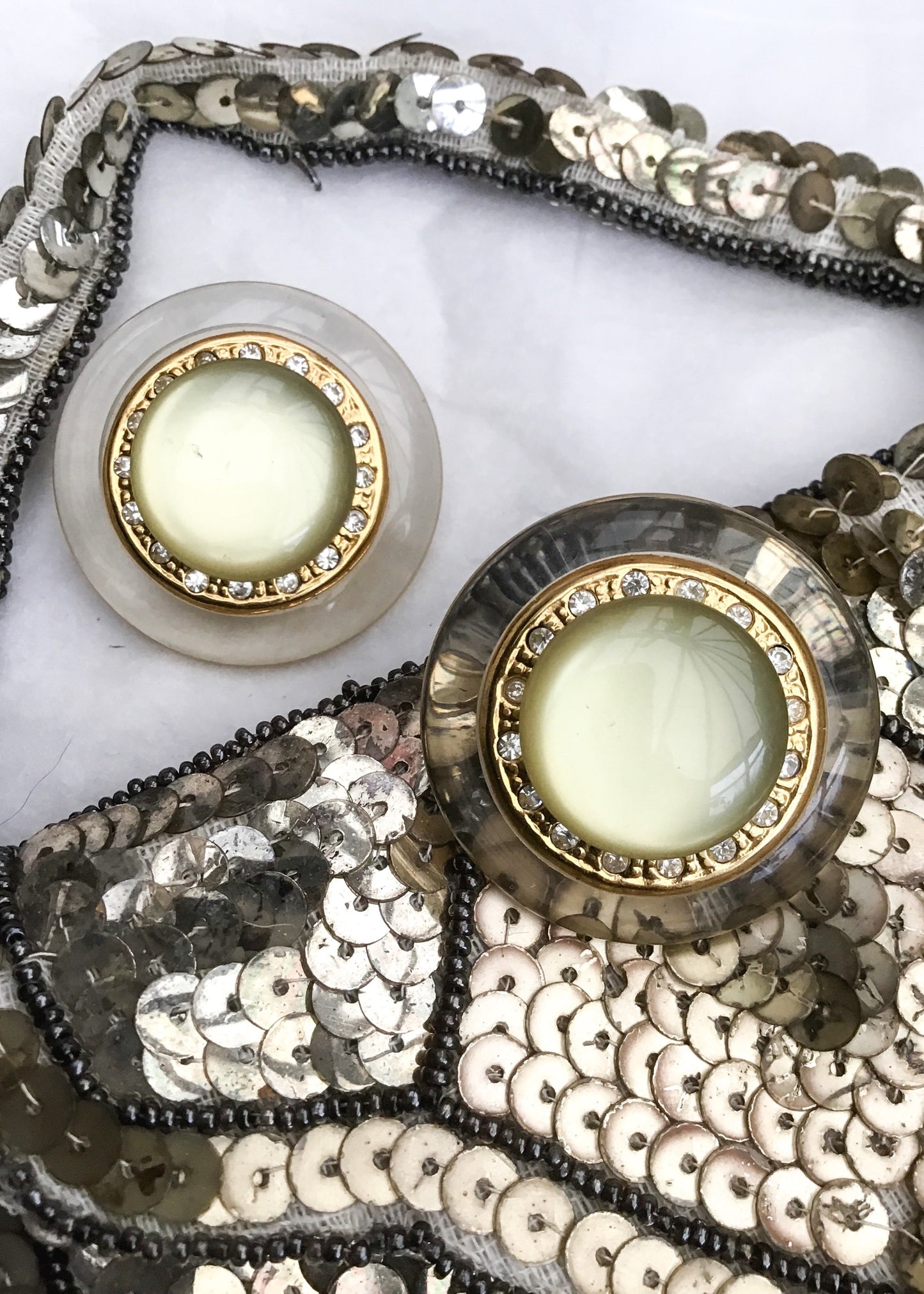 Statement lucite moonglow disc earrings, clip on, 80s runway