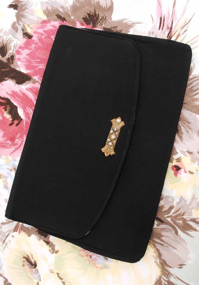 vintage 30s black clutch cocktail purse with rhinestone decoration