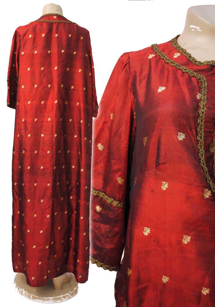 Vintage Traditional Moroccan Red & Gold Silk Brocade Kaftan Dress • Metallic Gold Braid