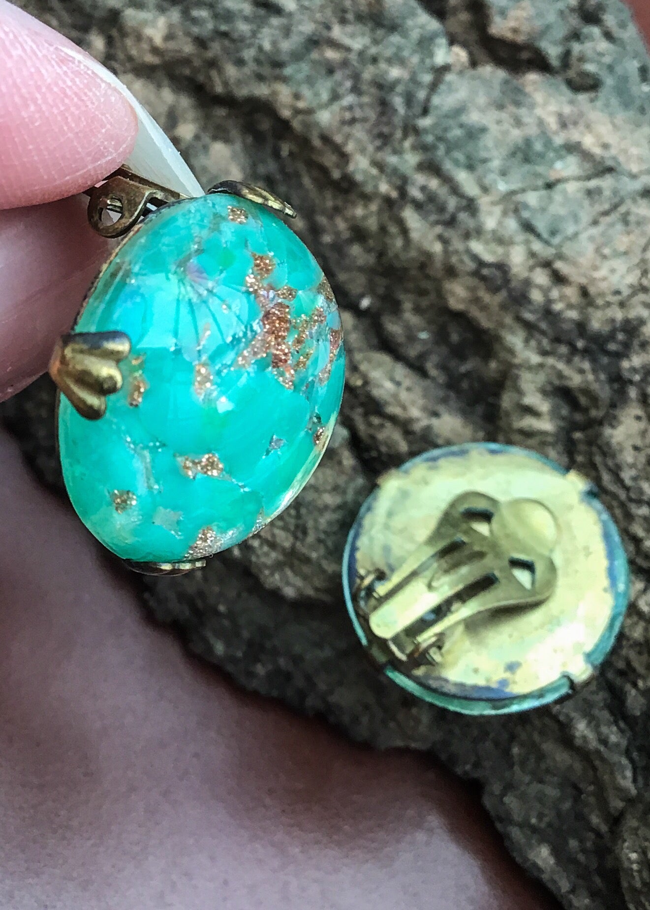 1930s Jade Green Gold Foil Glass Dome Clip On Earrings