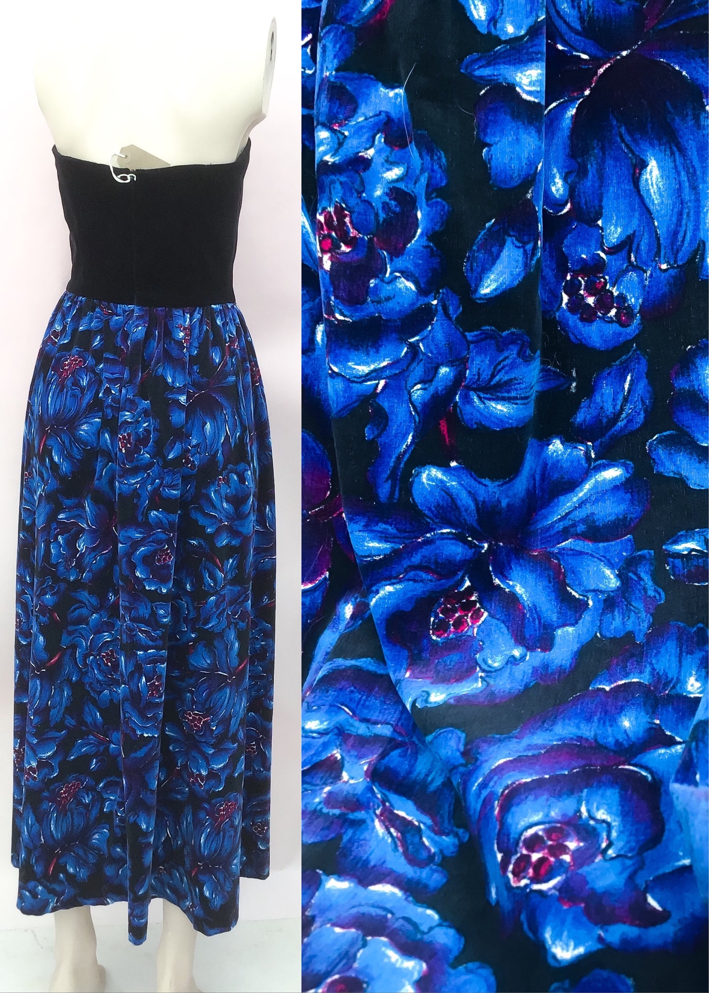 1970s Vintage Black & Blue Floral Velvet Strapless Cocktail Dress 💙 XS