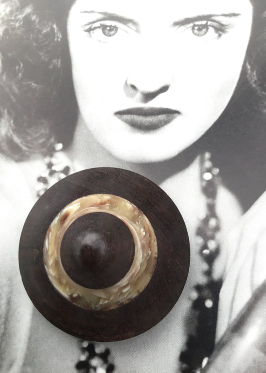 Vintage 40s large wood and bakelite button, domed witches hat shape