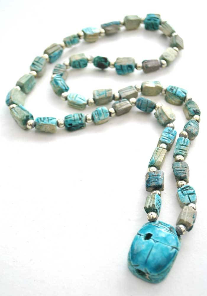 Egyptian Revival Turquoise Clay Scarab Beetle Necklace Souvenir