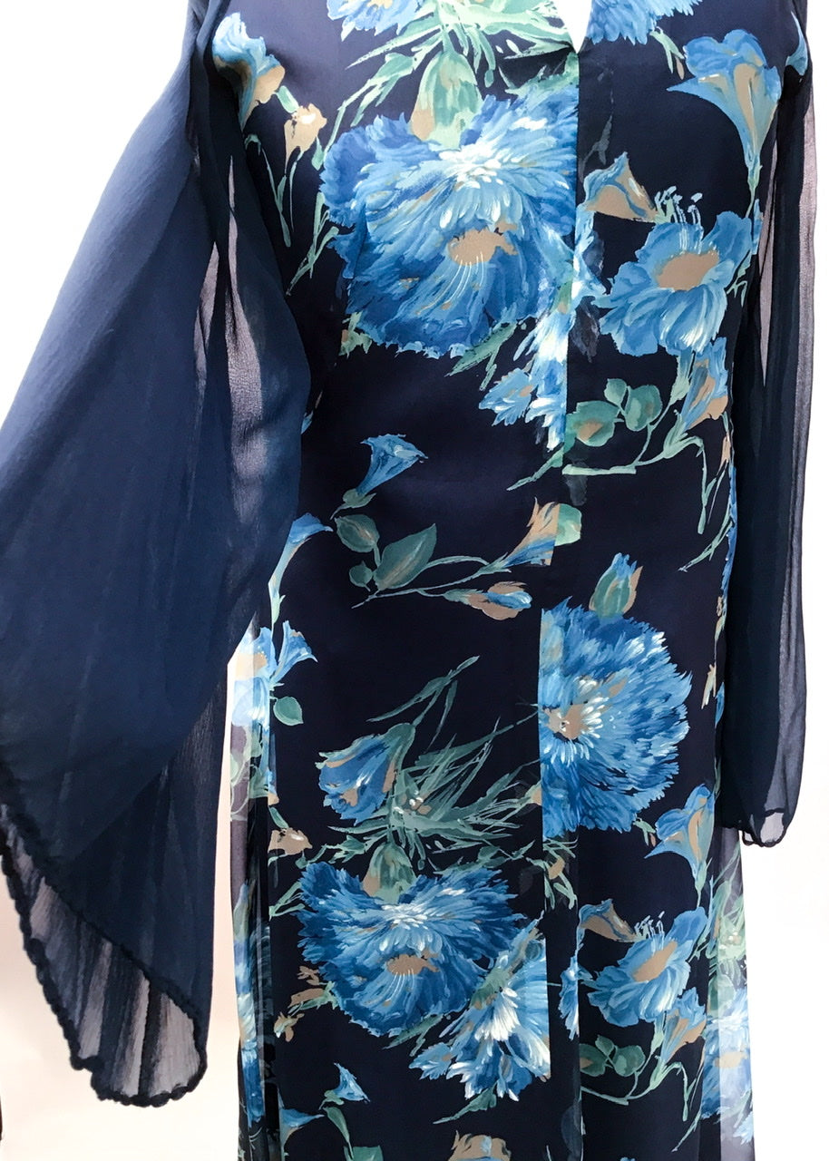 1970s Vintage Cornflower Blue Floral Chiffon Evening Maxi Gown