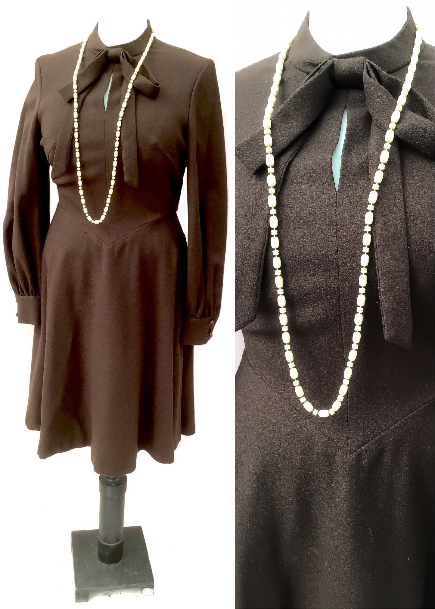 70s brown textured worsted wool fit and flare day dress, perfect Autumnal dress with long puffed sleeves and flattering shape. Size 14/16
