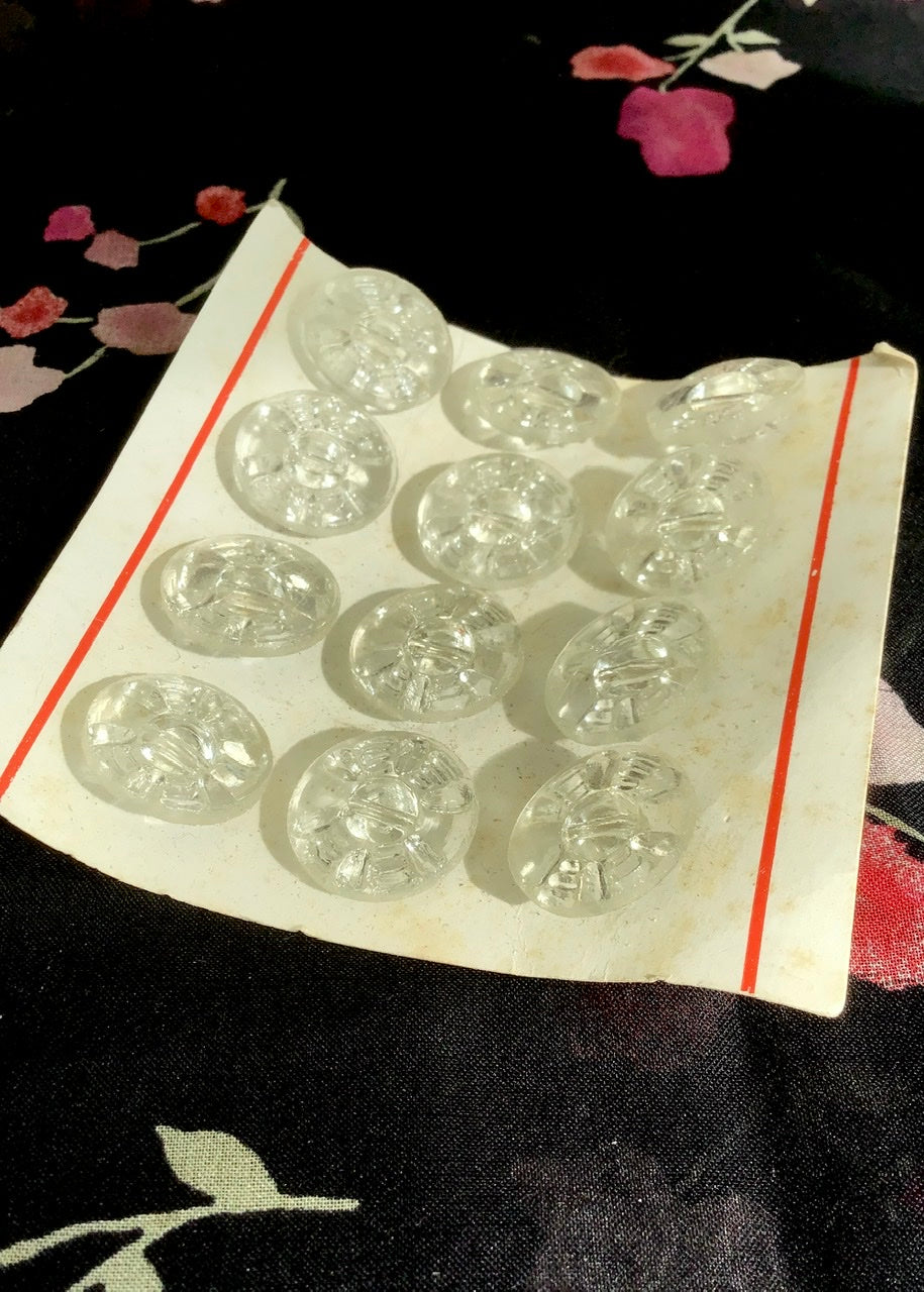 12 Clear Glass Deadstock Vintage Buttons on Card