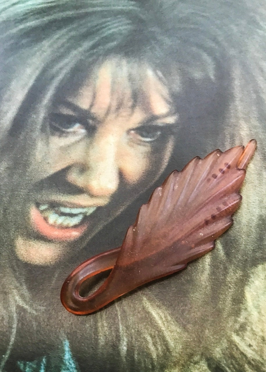 leaf shaped peach lucite vintage hair barrette clip, made in France
