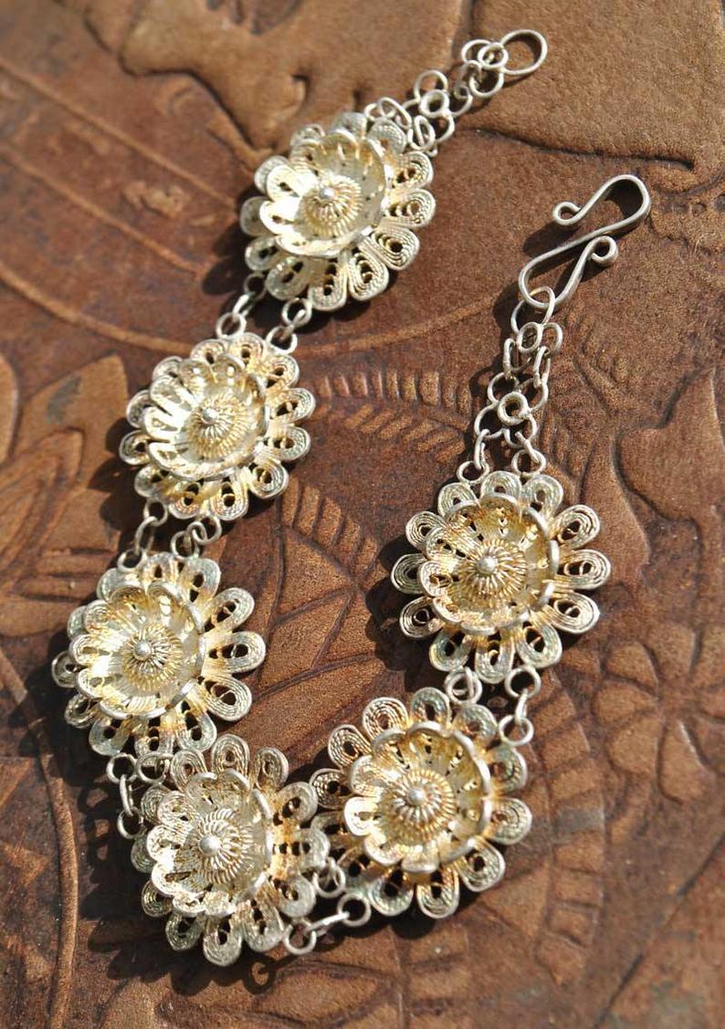 Vintage Gold Washed Silver Filigree Bracelet • 925 silver • Daisy