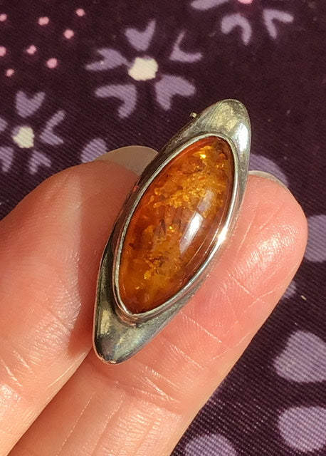 Vintage 925 Silver and Amber Almond Shaped Brooch